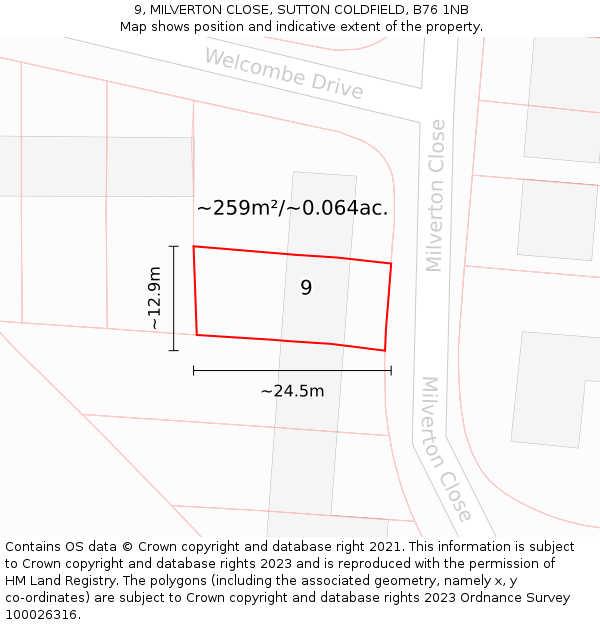 9, MILVERTON CLOSE, SUTTON COLDFIELD, B76 1NB: Plot and title map