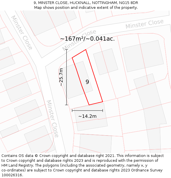 9, MINSTER CLOSE, HUCKNALL, NOTTINGHAM, NG15 8DR: Plot and title map