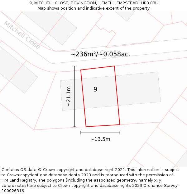 9, MITCHELL CLOSE, BOVINGDON, HEMEL HEMPSTEAD, HP3 0RU: Plot and title map