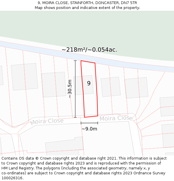 9, MOIRA CLOSE, STAINFORTH, DONCASTER, DN7 5TR: Plot and title map