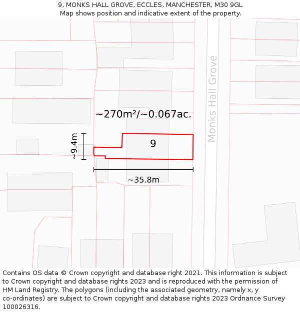 9, MONKS HALL GROVE, ECCLES, MANCHESTER, M30 9GL: Plot and title map