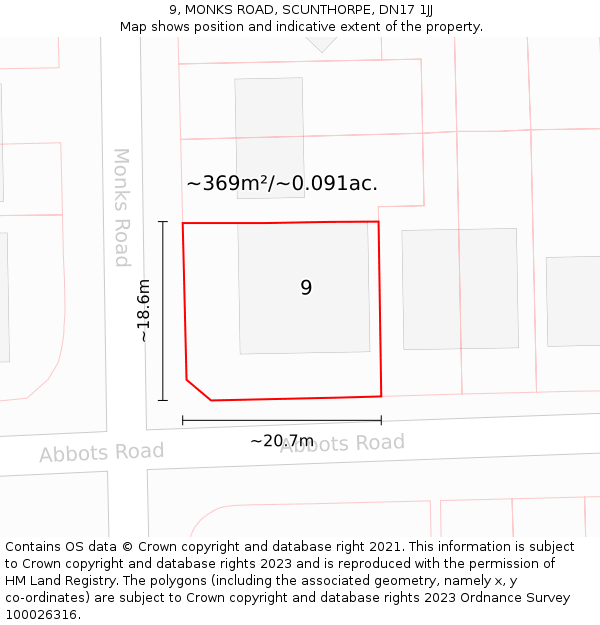 9, MONKS ROAD, SCUNTHORPE, DN17 1JJ: Plot and title map