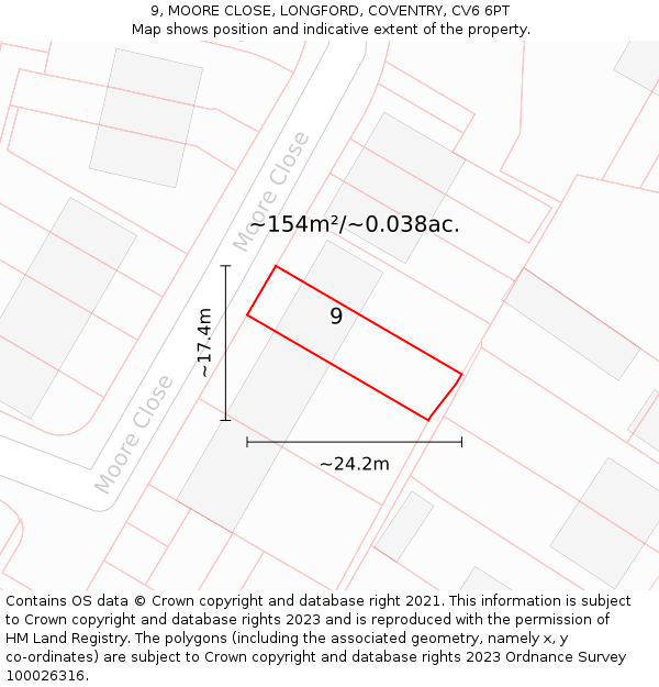 9, MOORE CLOSE, LONGFORD, COVENTRY, CV6 6PT: Plot and title map