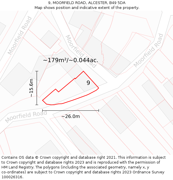 9, MOORFIELD ROAD, ALCESTER, B49 5DA: Plot and title map