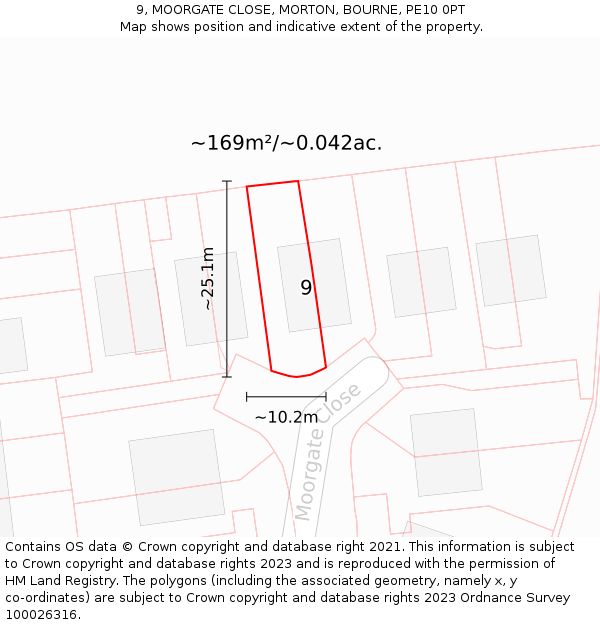 9, MOORGATE CLOSE, MORTON, BOURNE, PE10 0PT: Plot and title map