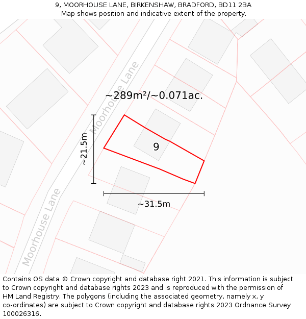 9, MOORHOUSE LANE, BIRKENSHAW, BRADFORD, BD11 2BA: Plot and title map