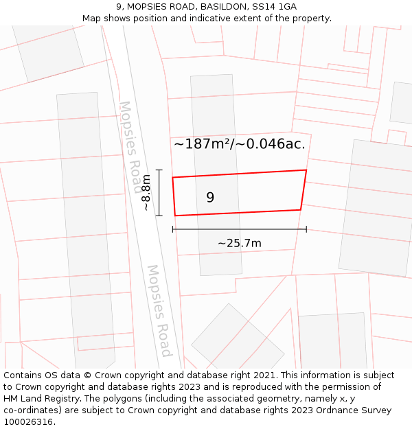 9, MOPSIES ROAD, BASILDON, SS14 1GA: Plot and title map