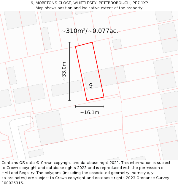 9, MORETONS CLOSE, WHITTLESEY, PETERBOROUGH, PE7 1XP: Plot and title map