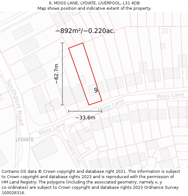 9, MOSS LANE, LYDIATE, LIVERPOOL, L31 4DB: Plot and title map