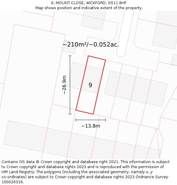 9, MOUNT CLOSE, WICKFORD, SS11 8HF: Plot and title map