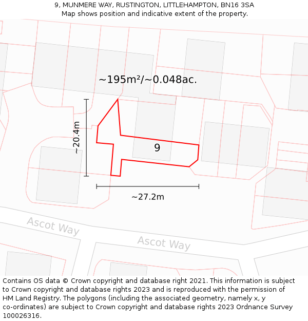 9, MUNMERE WAY, RUSTINGTON, LITTLEHAMPTON, BN16 3SA: Plot and title map