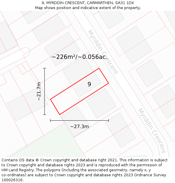 9, MYRDDIN CRESCENT, CARMARTHEN, SA31 1DX: Plot and title map