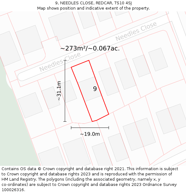 9, NEEDLES CLOSE, REDCAR, TS10 4SJ: Plot and title map