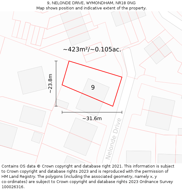 9, NELONDE DRIVE, WYMONDHAM, NR18 0NG: Plot and title map
