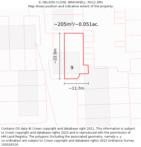 9, NELSON CLOSE, BRACKNELL, RG12 2RN: Plot and title map