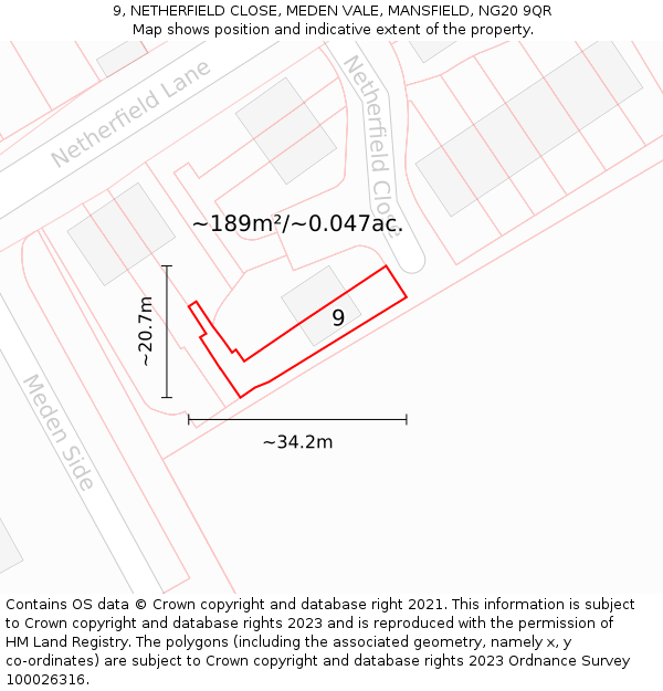 9, NETHERFIELD CLOSE, MEDEN VALE, MANSFIELD, NG20 9QR: Plot and title map