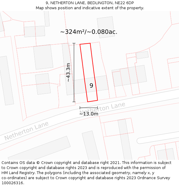 9, NETHERTON LANE, BEDLINGTON, NE22 6DP: Plot and title map