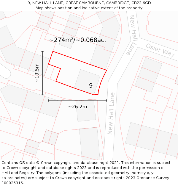 9, NEW HALL LANE, GREAT CAMBOURNE, CAMBRIDGE, CB23 6GD: Plot and title map