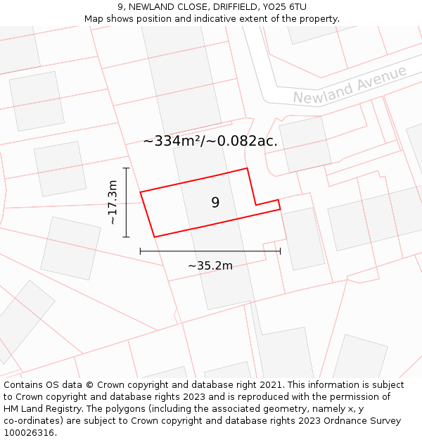 9, NEWLAND CLOSE, DRIFFIELD, YO25 6TU: Plot and title map