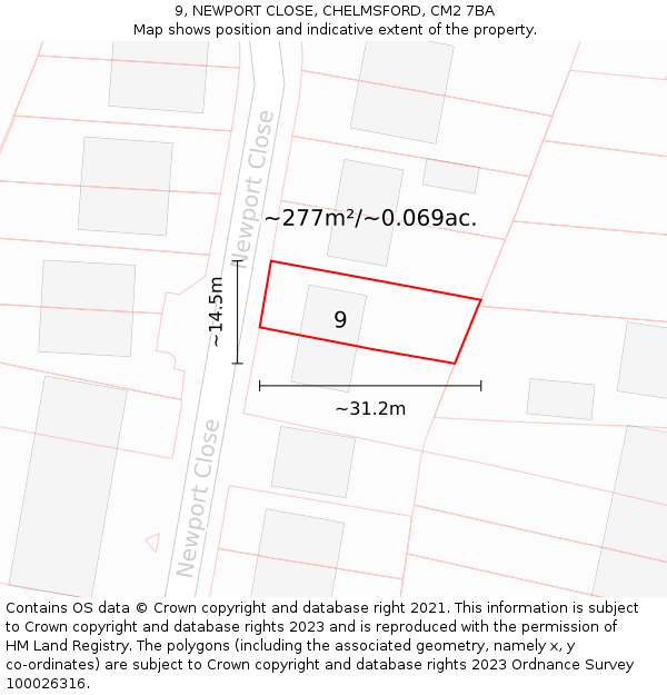 9, NEWPORT CLOSE, CHELMSFORD, CM2 7BA: Plot and title map