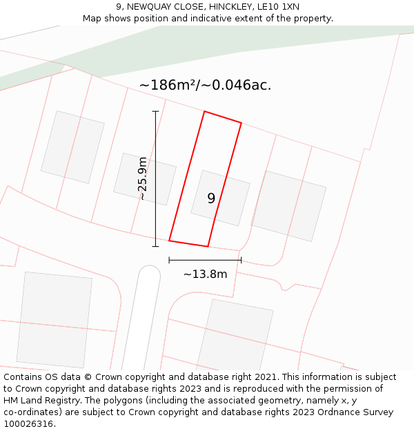 9, NEWQUAY CLOSE, HINCKLEY, LE10 1XN: Plot and title map
