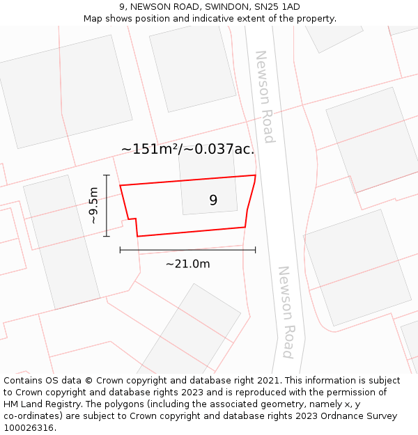 9, NEWSON ROAD, SWINDON, SN25 1AD: Plot and title map