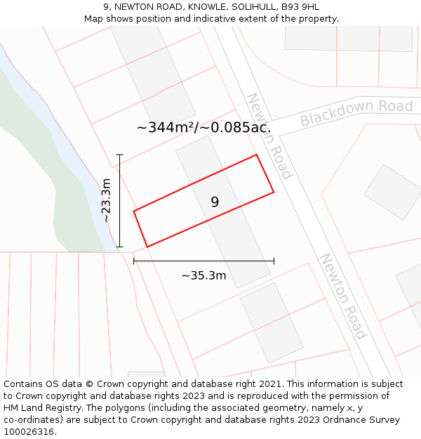 9, NEWTON ROAD, KNOWLE, SOLIHULL, B93 9HL: Plot and title map