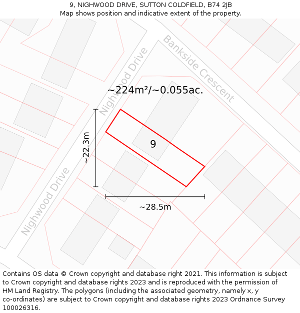 9, NIGHWOOD DRIVE, SUTTON COLDFIELD, B74 2JB: Plot and title map