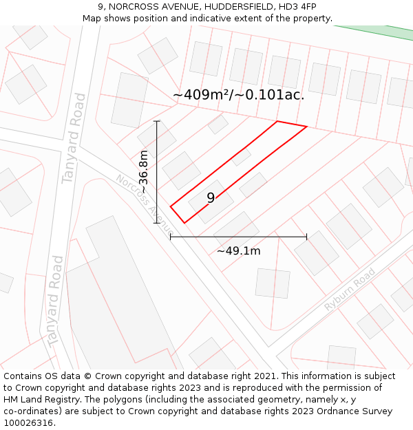 9, NORCROSS AVENUE, HUDDERSFIELD, HD3 4FP: Plot and title map