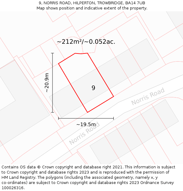 9, NORRIS ROAD, HILPERTON, TROWBRIDGE, BA14 7UB: Plot and title map