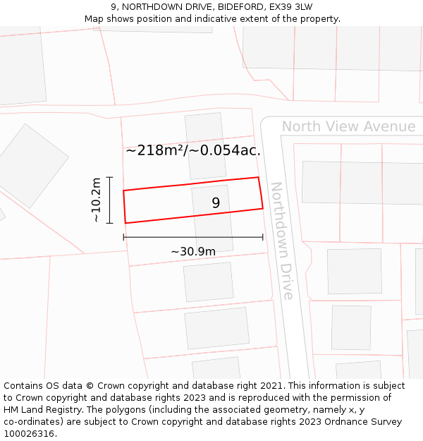 9, NORTHDOWN DRIVE, BIDEFORD, EX39 3LW: Plot and title map
