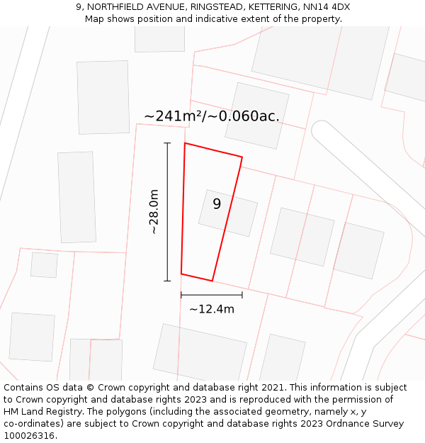 9, NORTHFIELD AVENUE, RINGSTEAD, KETTERING, NN14 4DX: Plot and title map
