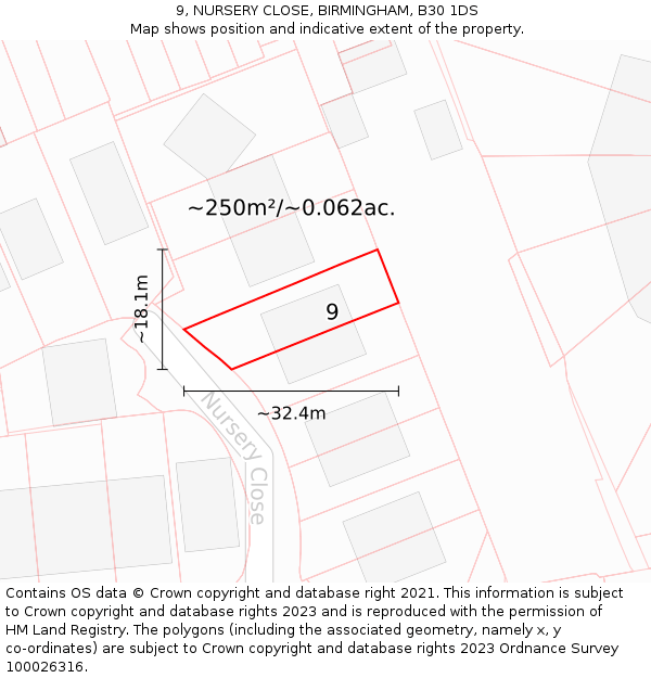 9, NURSERY CLOSE, BIRMINGHAM, B30 1DS: Plot and title map