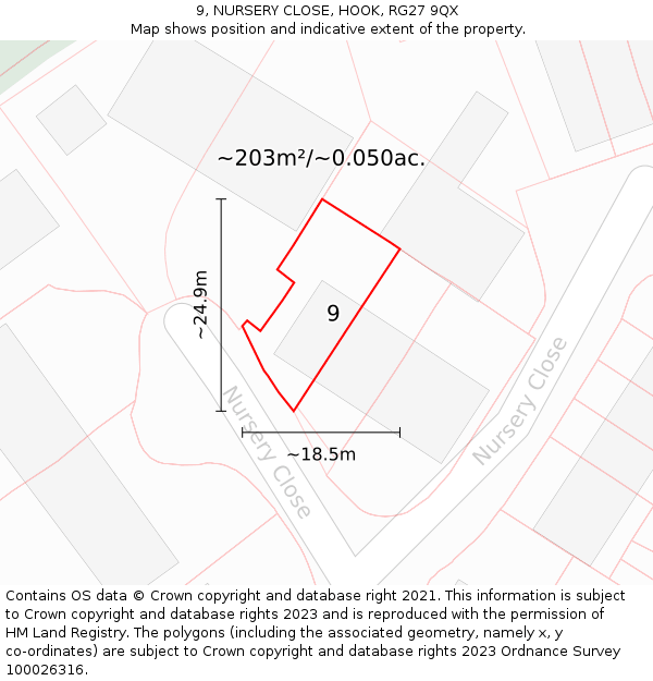 9, NURSERY CLOSE, HOOK, RG27 9QX: Plot and title map