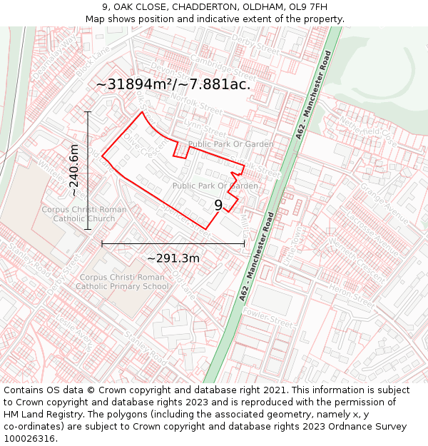 9, OAK CLOSE, CHADDERTON, OLDHAM, OL9 7FH: Plot and title map