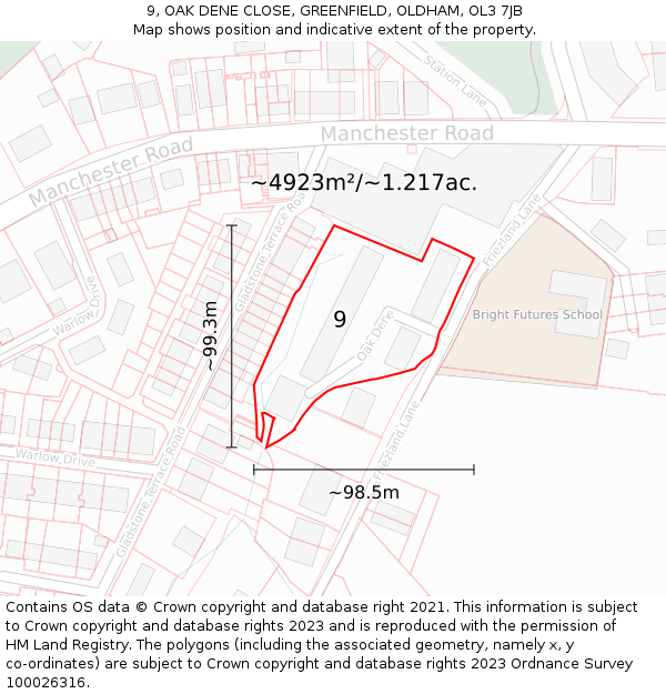 9, OAK DENE CLOSE, GREENFIELD, OLDHAM, OL3 7JB: Plot and title map