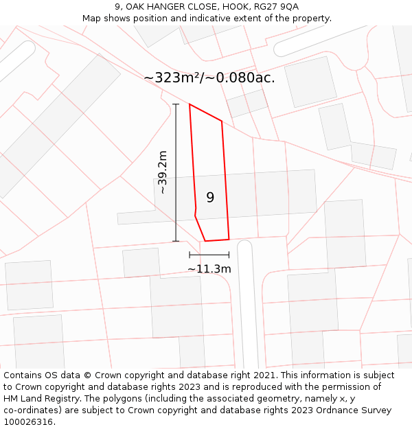 9, OAK HANGER CLOSE, HOOK, RG27 9QA: Plot and title map