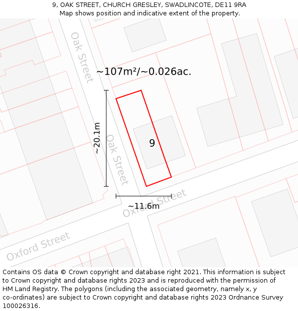 9, OAK STREET, CHURCH GRESLEY, SWADLINCOTE, DE11 9RA: Plot and title map