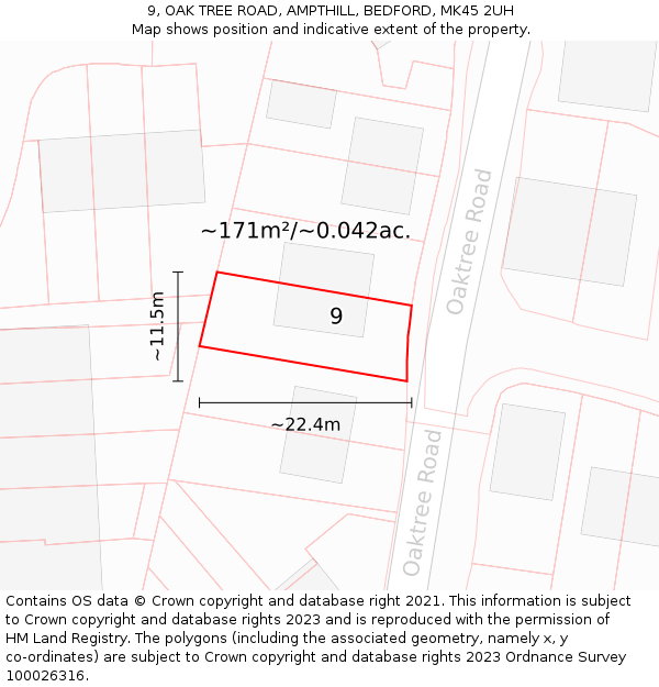 9, OAK TREE ROAD, AMPTHILL, BEDFORD, MK45 2UH: Plot and title map