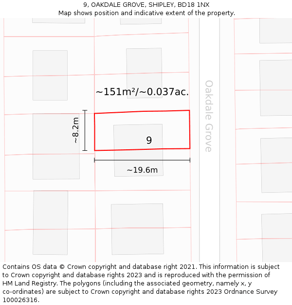9, OAKDALE GROVE, SHIPLEY, BD18 1NX: Plot and title map