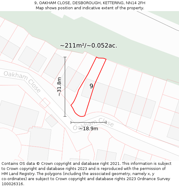 9, OAKHAM CLOSE, DESBOROUGH, KETTERING, NN14 2FH: Plot and title map