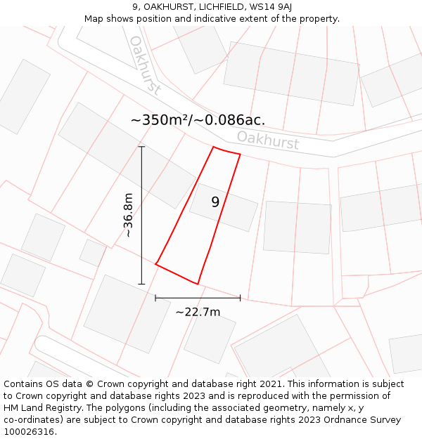 9, OAKHURST, LICHFIELD, WS14 9AJ: Plot and title map