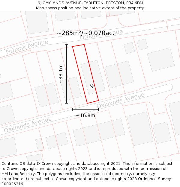 9, OAKLANDS AVENUE, TARLETON, PRESTON, PR4 6BN: Plot and title map