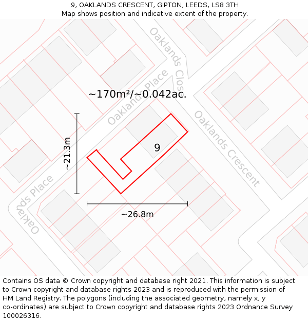 9, OAKLANDS CRESCENT, GIPTON, LEEDS, LS8 3TH: Plot and title map