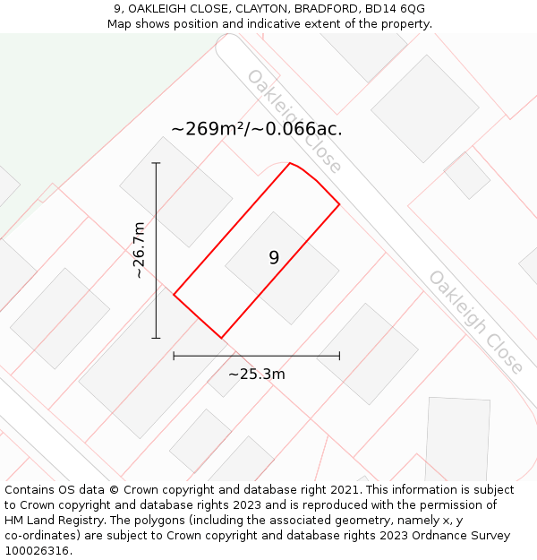 9, OAKLEIGH CLOSE, CLAYTON, BRADFORD, BD14 6QG: Plot and title map