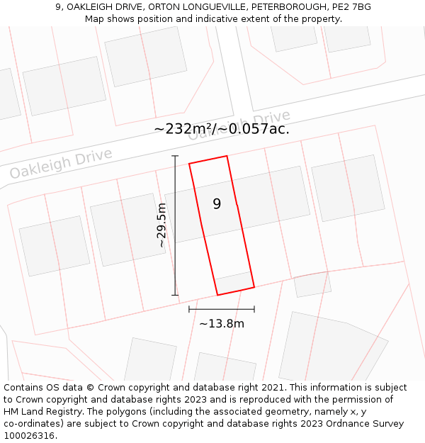 9, OAKLEIGH DRIVE, ORTON LONGUEVILLE, PETERBOROUGH, PE2 7BG: Plot and title map