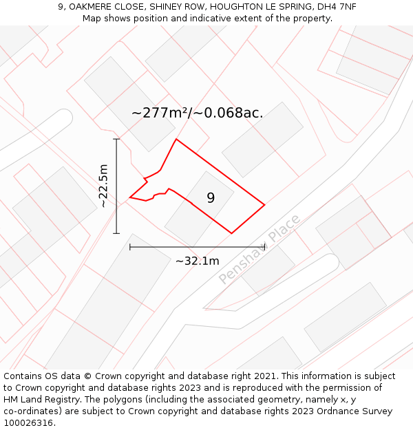9, OAKMERE CLOSE, SHINEY ROW, HOUGHTON LE SPRING, DH4 7NF: Plot and title map