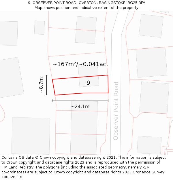 9, OBSERVER POINT ROAD, OVERTON, BASINGSTOKE, RG25 3FA: Plot and title map