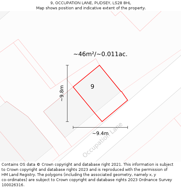 9, OCCUPATION LANE, PUDSEY, LS28 8HL: Plot and title map