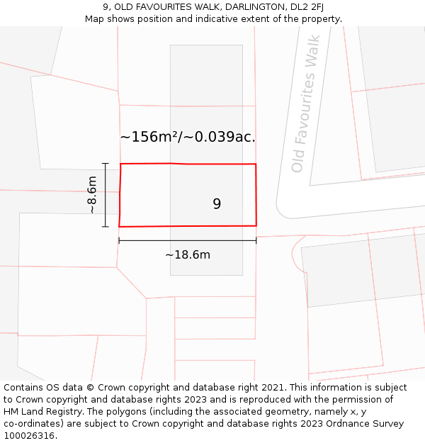 9, OLD FAVOURITES WALK, DARLINGTON, DL2 2FJ: Plot and title map